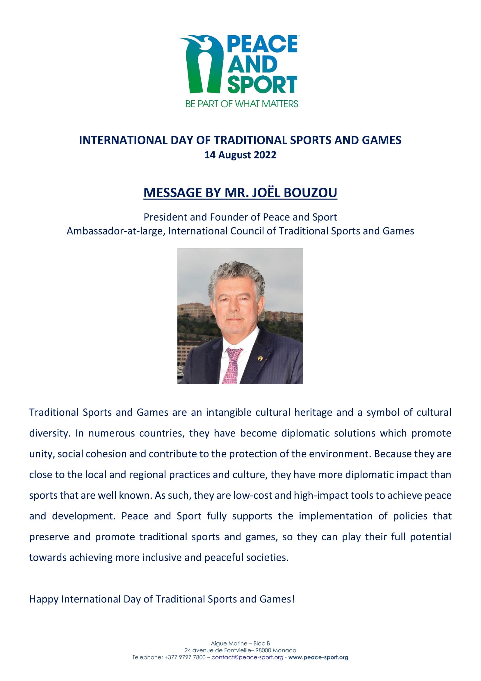 Message of Ambassador-at-Large Joel Bouzou on International Day of Traditional Sports and Games 2022