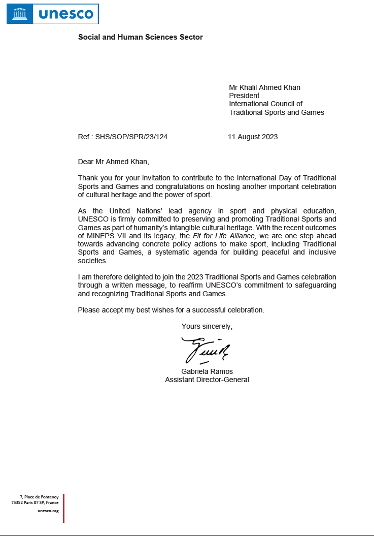 Message of UNESCO's Gabriela Ramos on International Day of Traditional Sports and Games 2023
